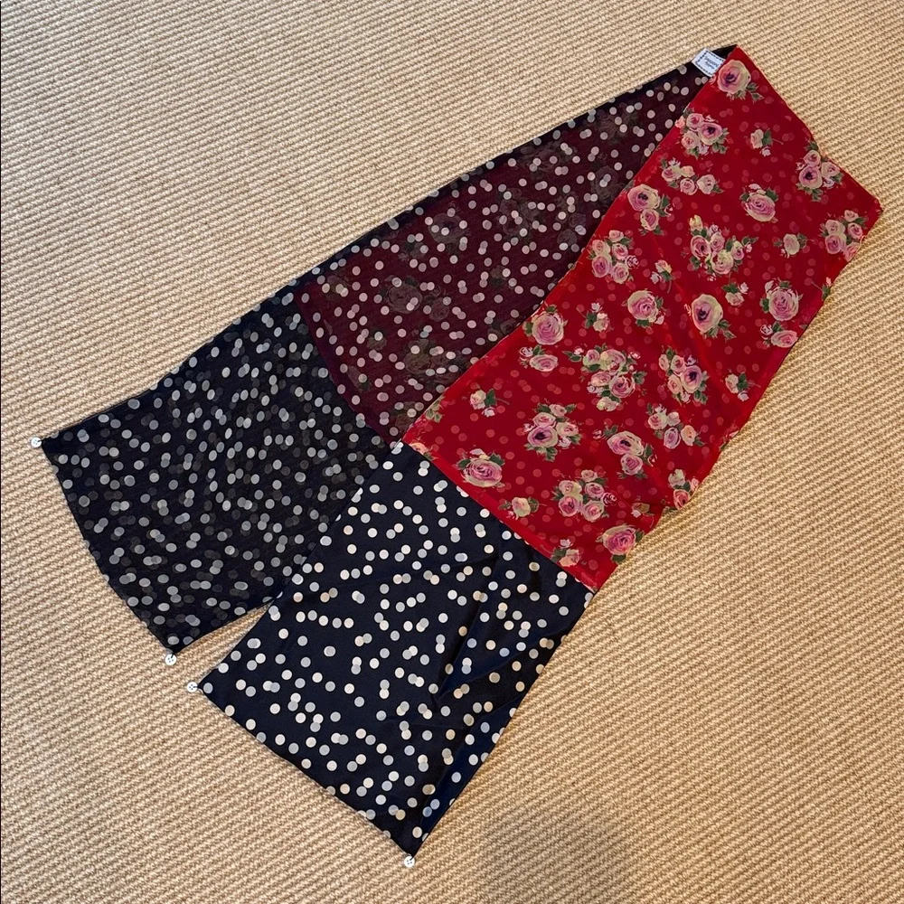 Handmade Long Silk Scarf by Earthly Possessions- Black w/ Dots & Red w/ Roses